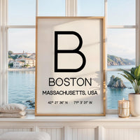 Boston Massachusetts Typography Print, Coordinates Wall Art, Modern Decor, Travel Gift