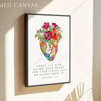 Proverbs 4:23, Above all else, guard your heart, for everything you do flows from it. Typography Art Print with Heart Flowers