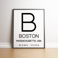 Boston Massachusetts with GPS Coordinates Art Print - Office - Home Decor - Restaurant - Apartment - Condo - Typography