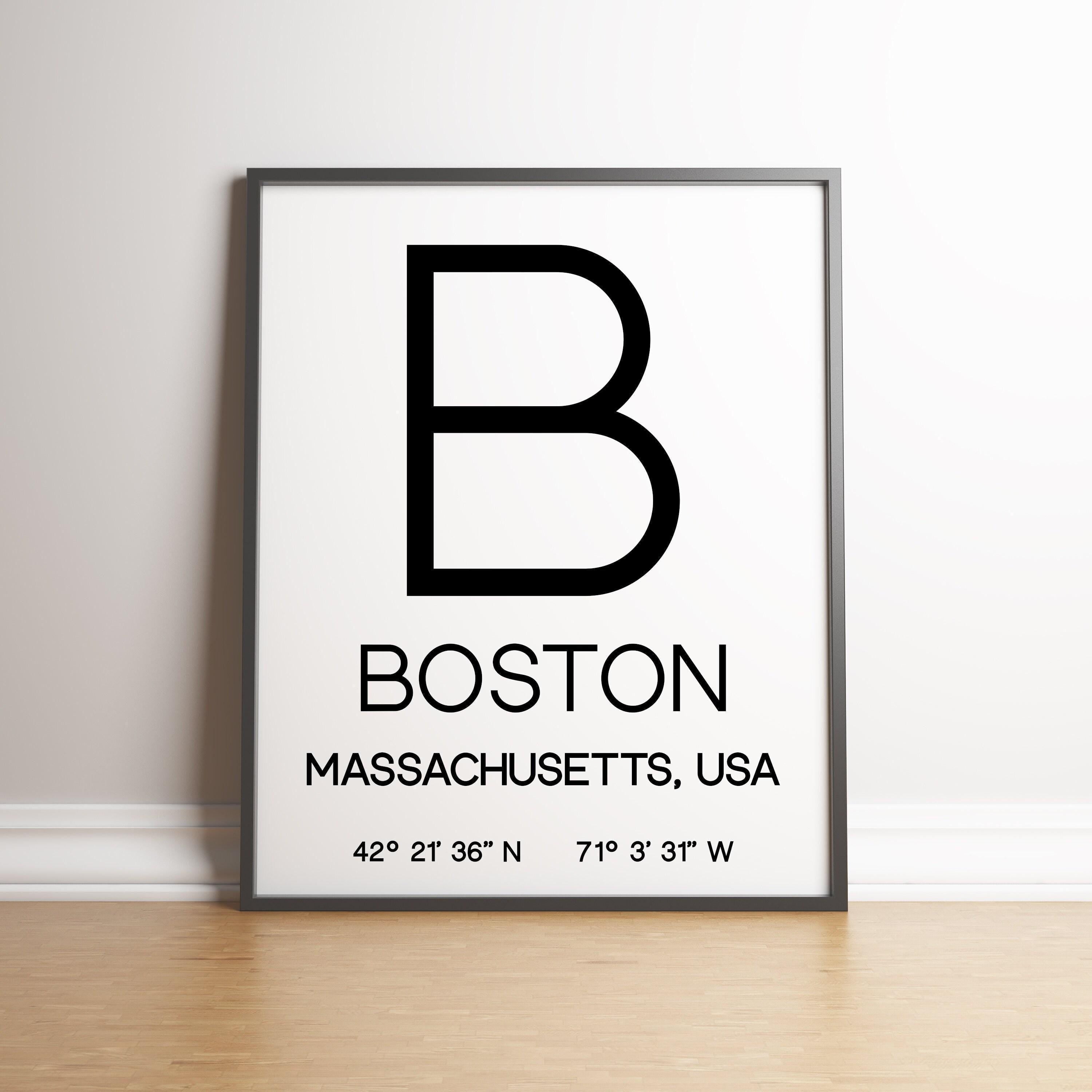 Boston Massachusetts with GPS Coordinates Art Print - Office - Home Decor - Restaurant - Apartment - Condo - Typography