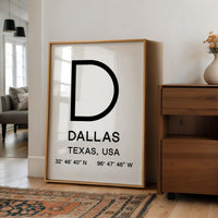Dallas, Texas with GPS Coordinates Minimalist Art Print, Travel, Decor