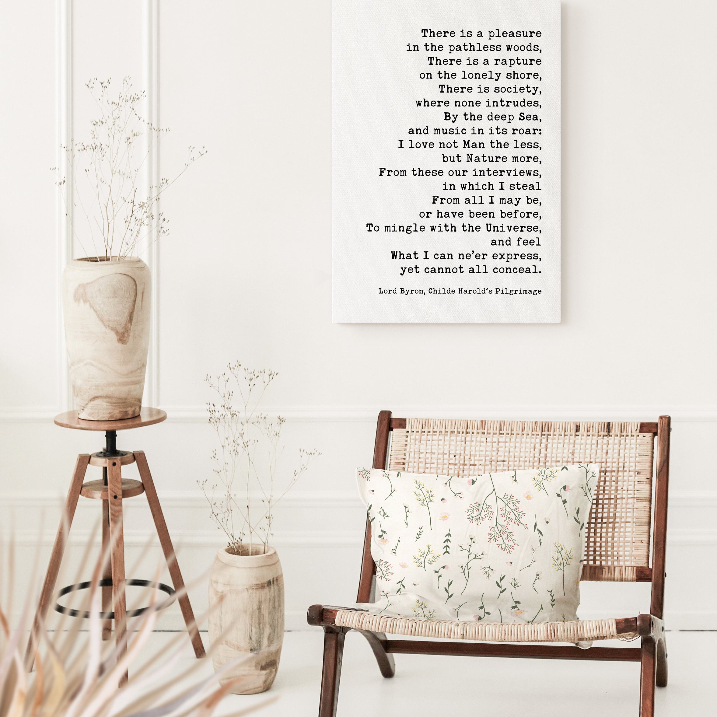 Lord Byron Quote, There is a pleasure in the pathless woods. Low Profile Mounted Canvas Typography Art Print (1818)