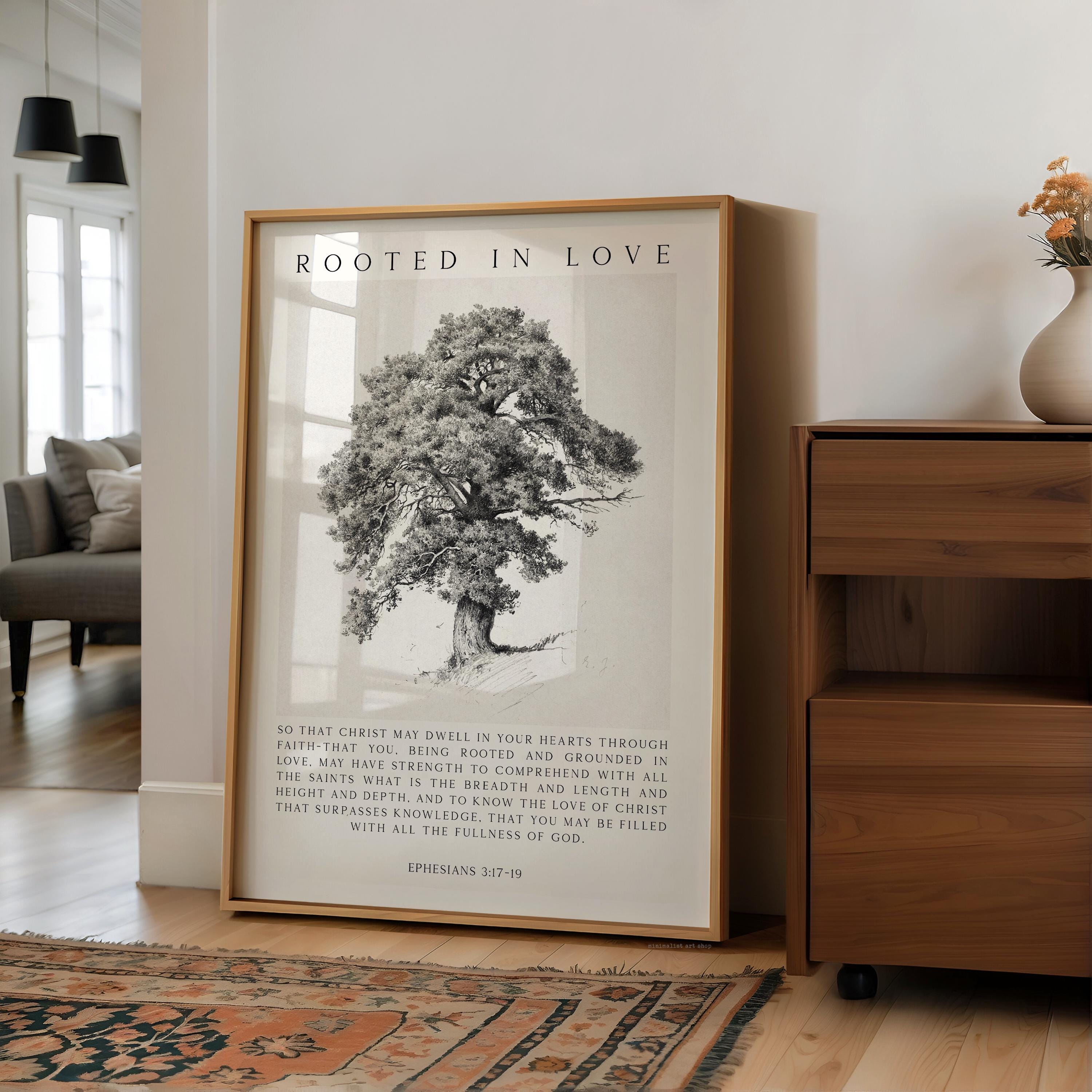 Rooted in Love Scripture Print – Ephesians 3:17-19 Christian Wall Art with Tree Illustration