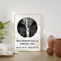 Multnomah Falls, Oregon with GPS Coordinates Art Print, Travel - Explore - Hike - Nature