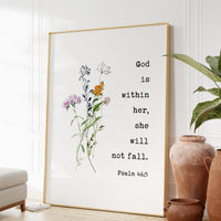 Psalm 46:5 God is within her, she will not fall. Typography Art Print with Wildflowers, Faith, Gift, Christian