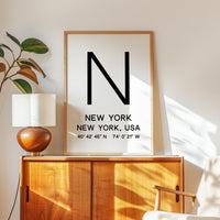 New York Typography Print, NYC Minimalist Wall Art, GPS Coordinates