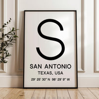 San Antonio, Texas Wall Art, GPS Coordinates Print, City Typography, Travel Decor