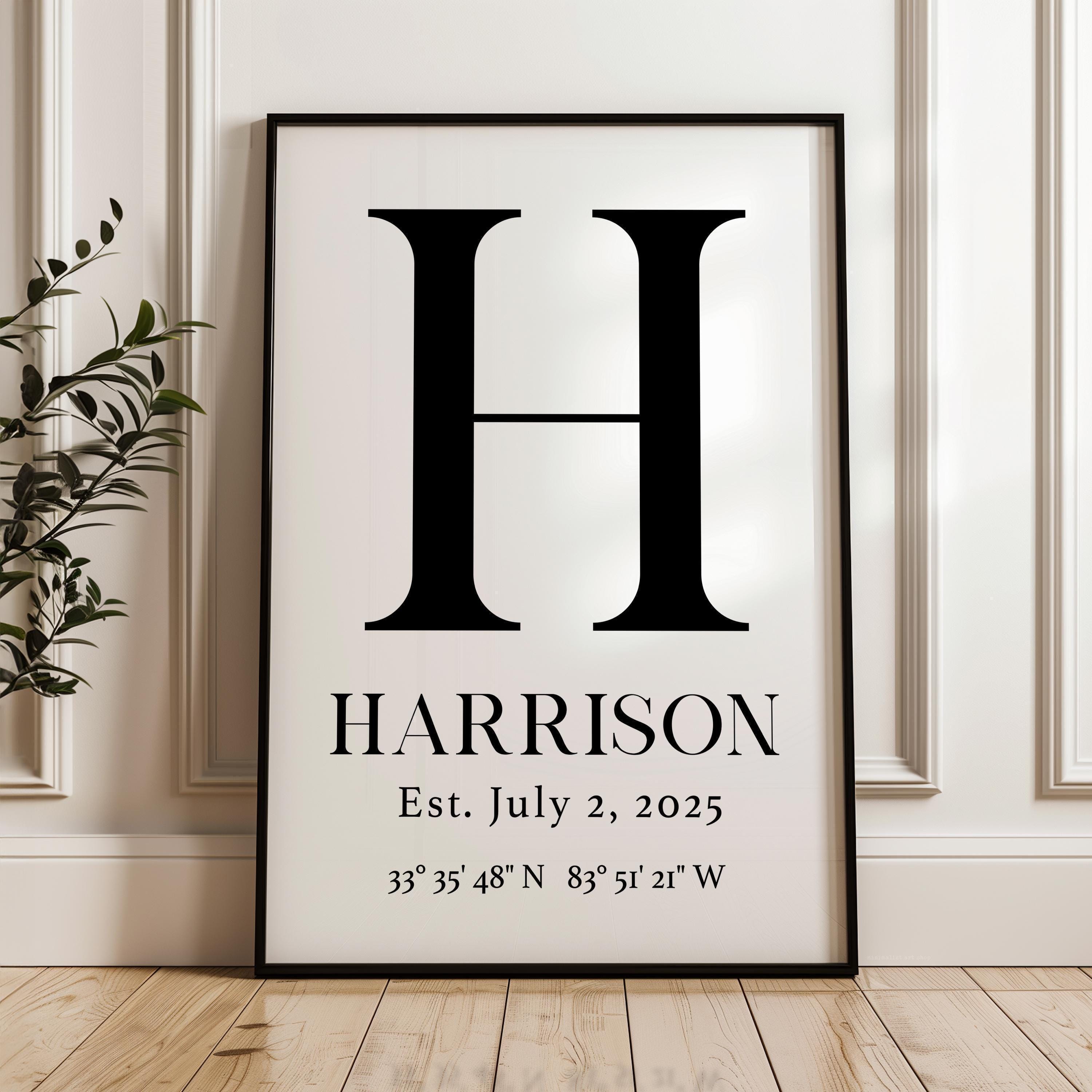 Personalized Family Monogram Sign with Name, Established Date, GPS, Typography Art Print, Great for Housewarmings, Anniversaries, Weddings