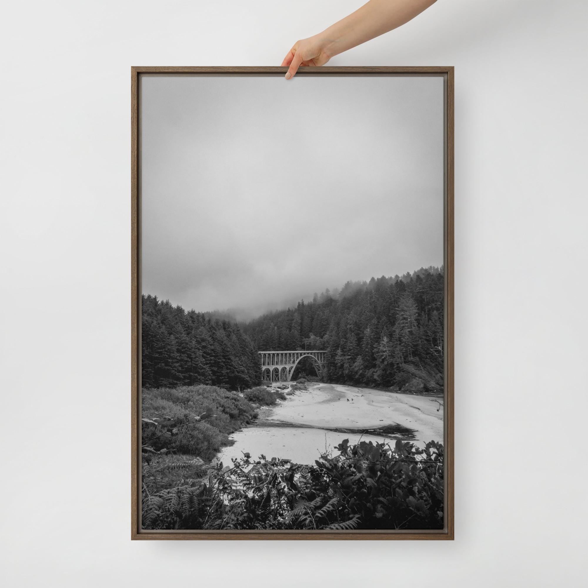 Cape Creek Bridge from Heceta Head, Oregon Coast, Framed Canvas, Black and White Photography