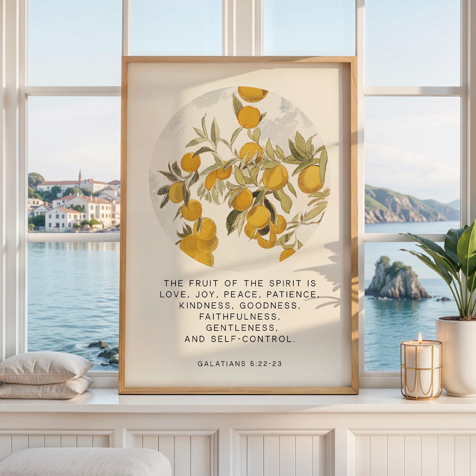 May include: A framed wall art print featuring a circular illustration of orange fruit on leafy branches. Below the illustration, the text reads: THE FRUIT OF THE SPIRIT IS LOVE, JOY, PEACE, PATIENCE, KINDNESS, GOODNESS, FAITHFULNESS, GENTLENESS, AND SELF-CONTROL. GALATIANS 5:22-23.