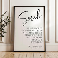 Matthew 19:26 "With man this is impossible, but with God all things are possible." • Personalized with Name • Typography Art Print