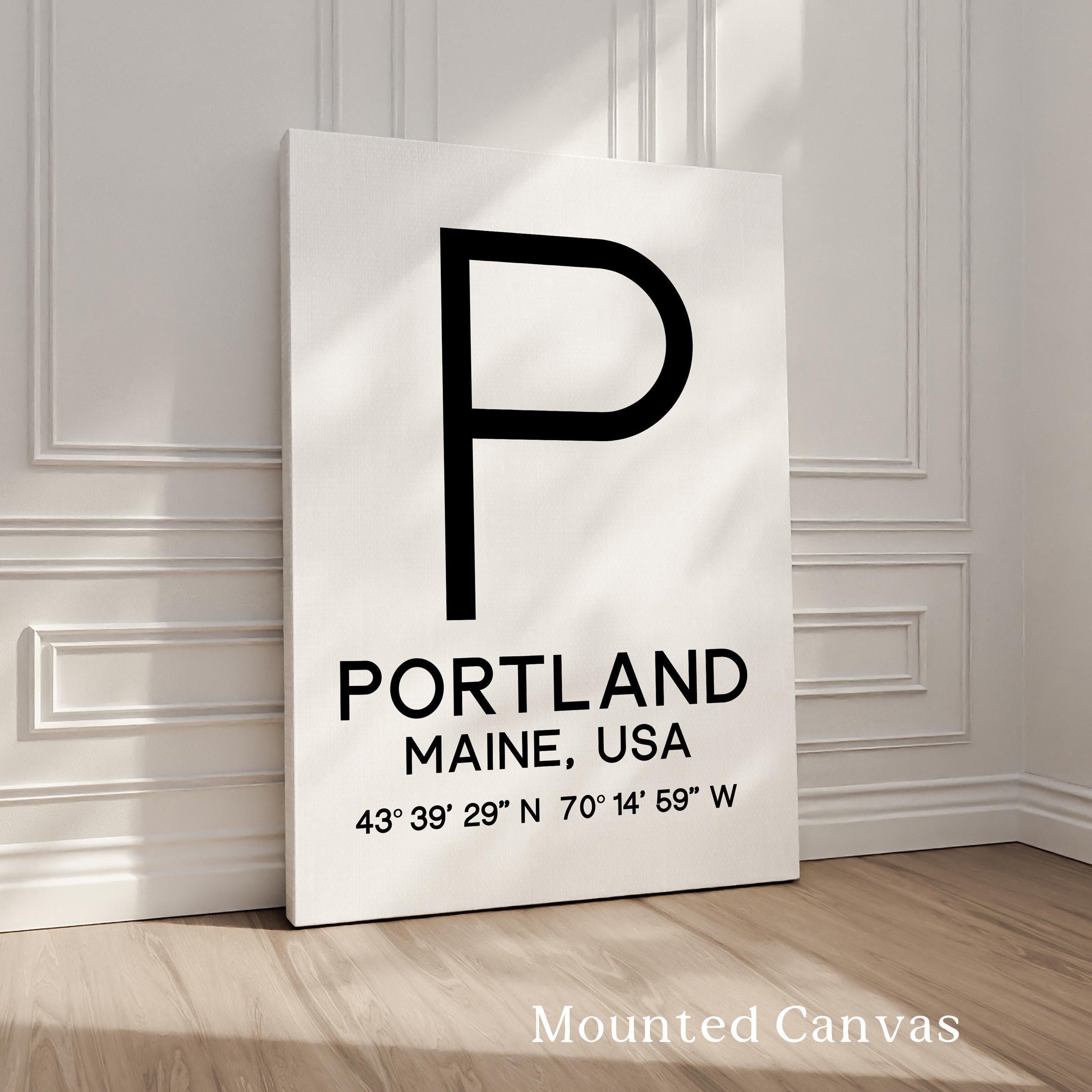 Portland, Maine with GPS Coordinates Typography Art Print, Minimalist Wall Art