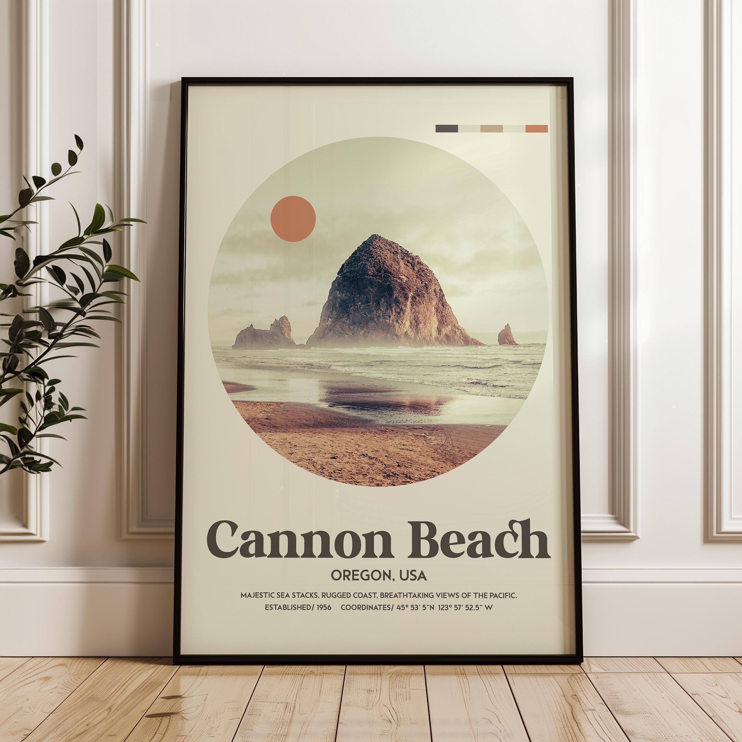 Cannon Beach, Oregon, MidCentury Modern, Featuring GPS Coordinates, Typography Art Print