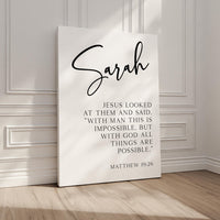 Matthew 19:26 "With man this is impossible, but with God all things are possible." • Personalized with Name • Typography Art Print