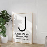 Jekyll Island, Georgia with GPS Coordinates Typography Minimalist Art Print
