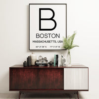 Boston Massachusetts with GPS Coordinates Art Print - Office - Home Decor - Restaurant - Apartment - Condo - Typography