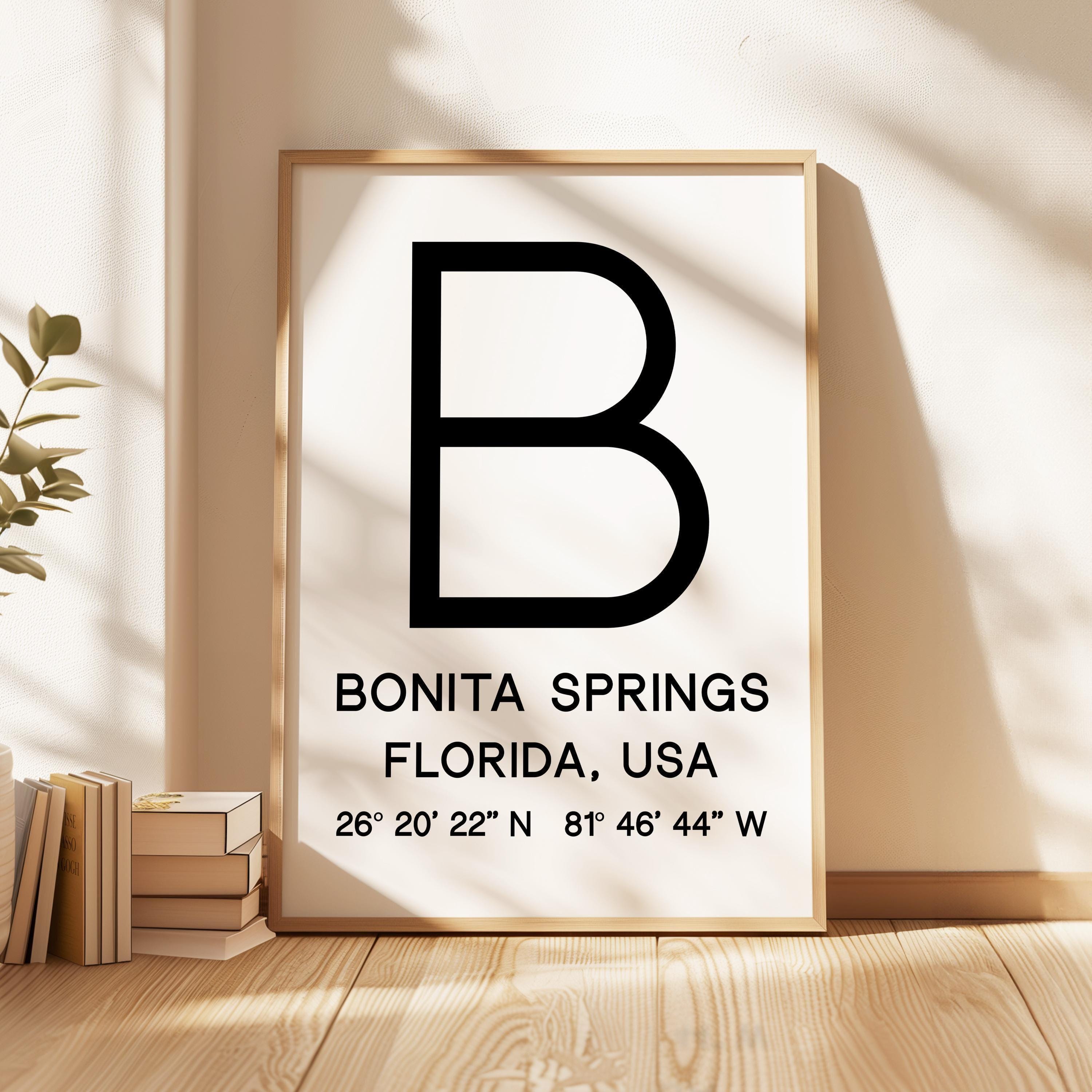 Bonita Springs, Florida with GPS Coordinates Minimalist Typography Art Print