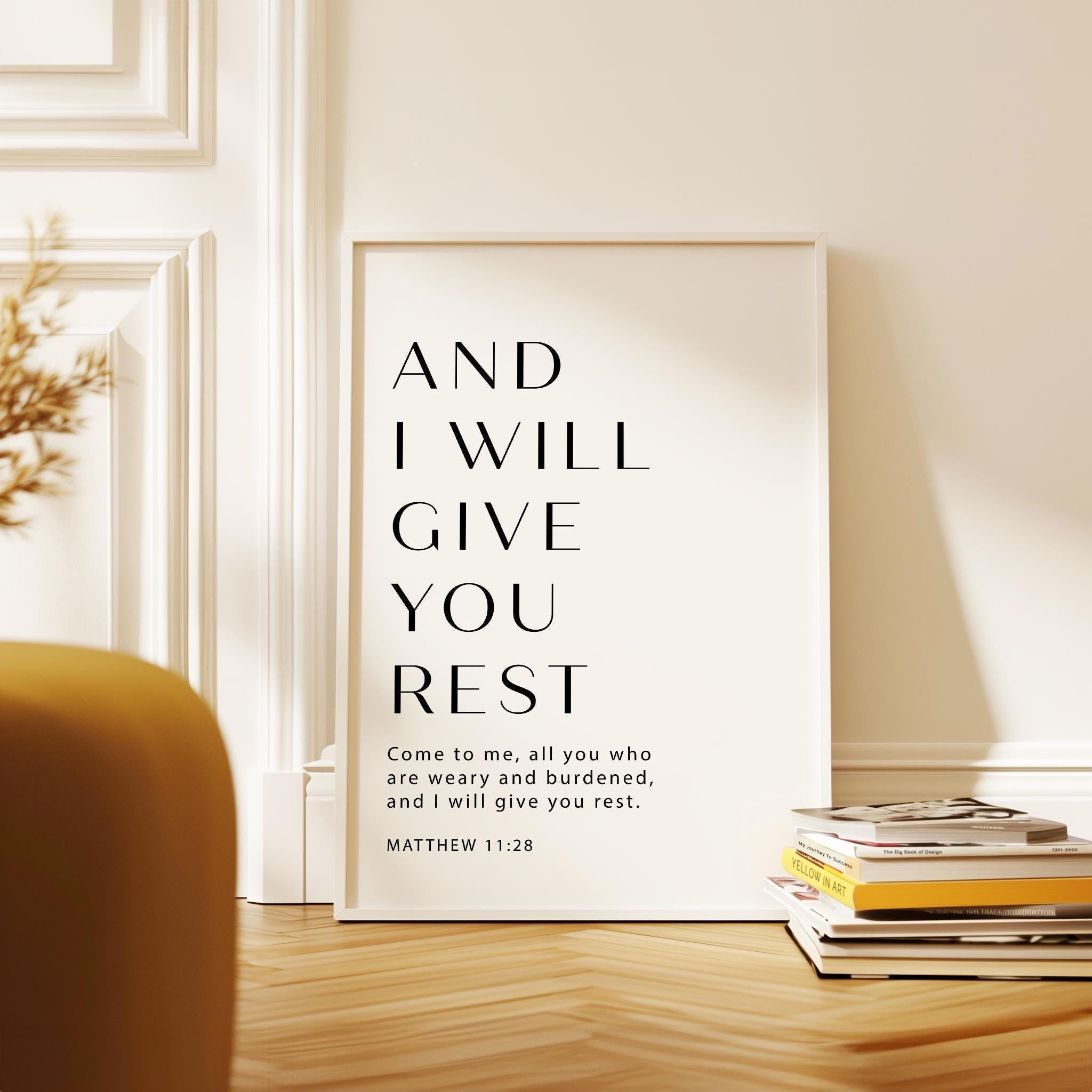 Matthew 11:28 Bible Verse Print, And I Will Give You Rest, Christian Wall Art, Minimalist Scripture Decor