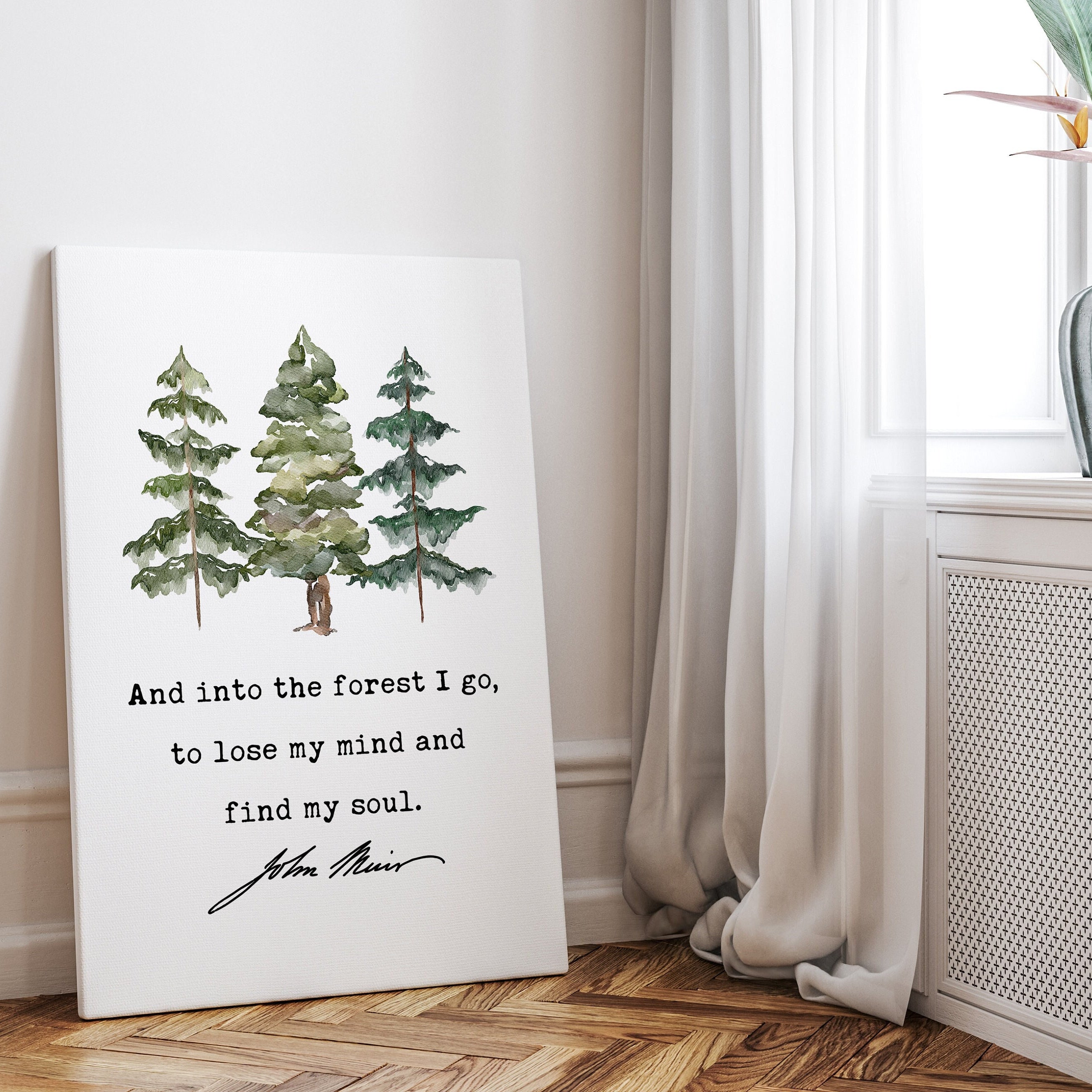 John Muir Quote - And into the forest I go, to lose my mind and find my soul. Low Profile Mounted Canvas Typography Art Print