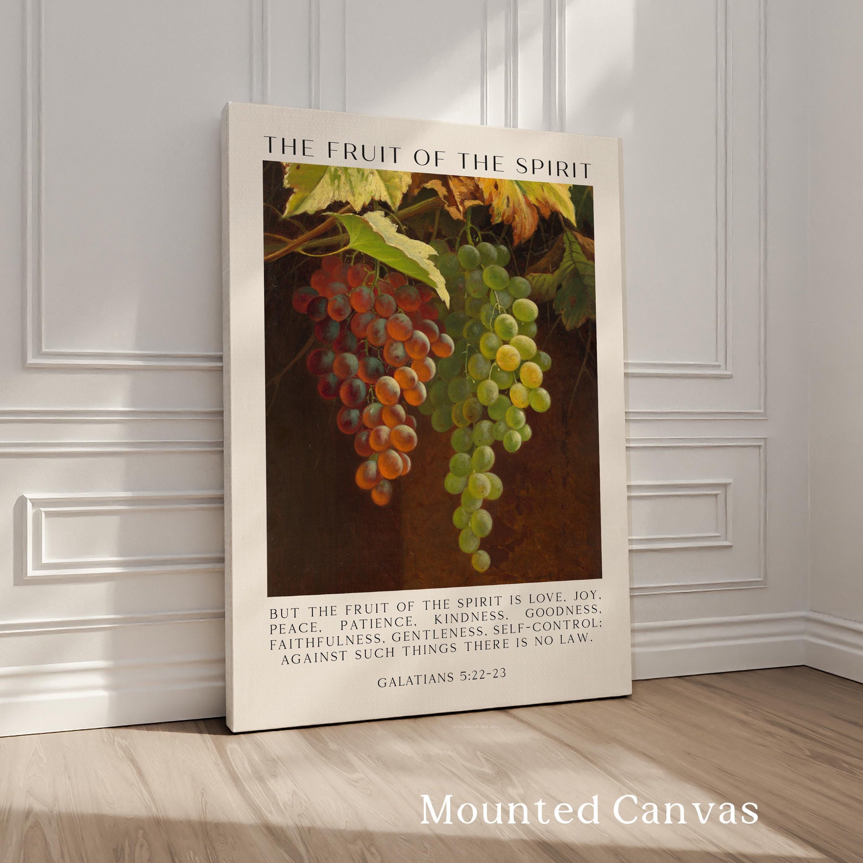 Fruit of the Spirit Bible Verse Wall Art, Galatians 5:22–23, Christian Typography Print with Grapes Painting