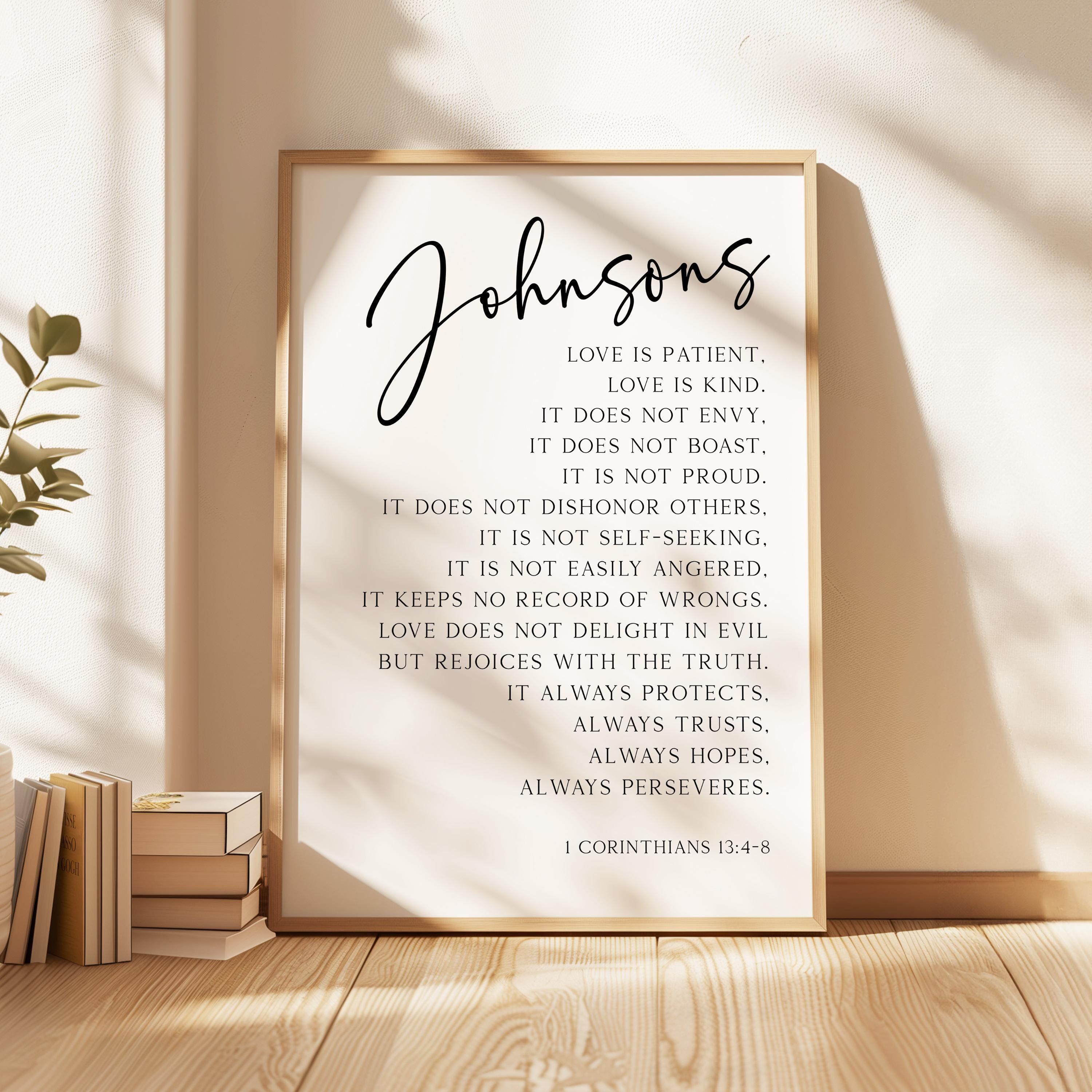 Personalized Family Name Scripture Print, Love Is Patient Kind, 1 Corinthians 13:4-8, Anniversary Gift