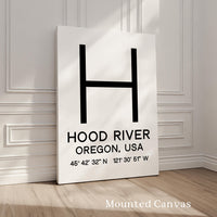 Hood River, Oregon with GPS Coordinates Typography Art Print, Minimalist Wall Art