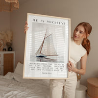 Psalm 93:4 Wall Art – He Is Mighty Scripture Print – Christian Nautical Typography Artwork for Home & Church Décor