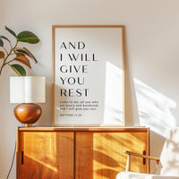 Matthew 11:28 Bible Verse Print, And I Will Give You Rest, Christian Wall Art, Minimalist Scripture Decor