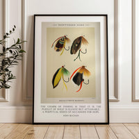 The charm of fishing is that it is the pursuit... John Buchan Quote featuring Trout & Bass Flies by Mary Orvis Marbury. Typography Art Print