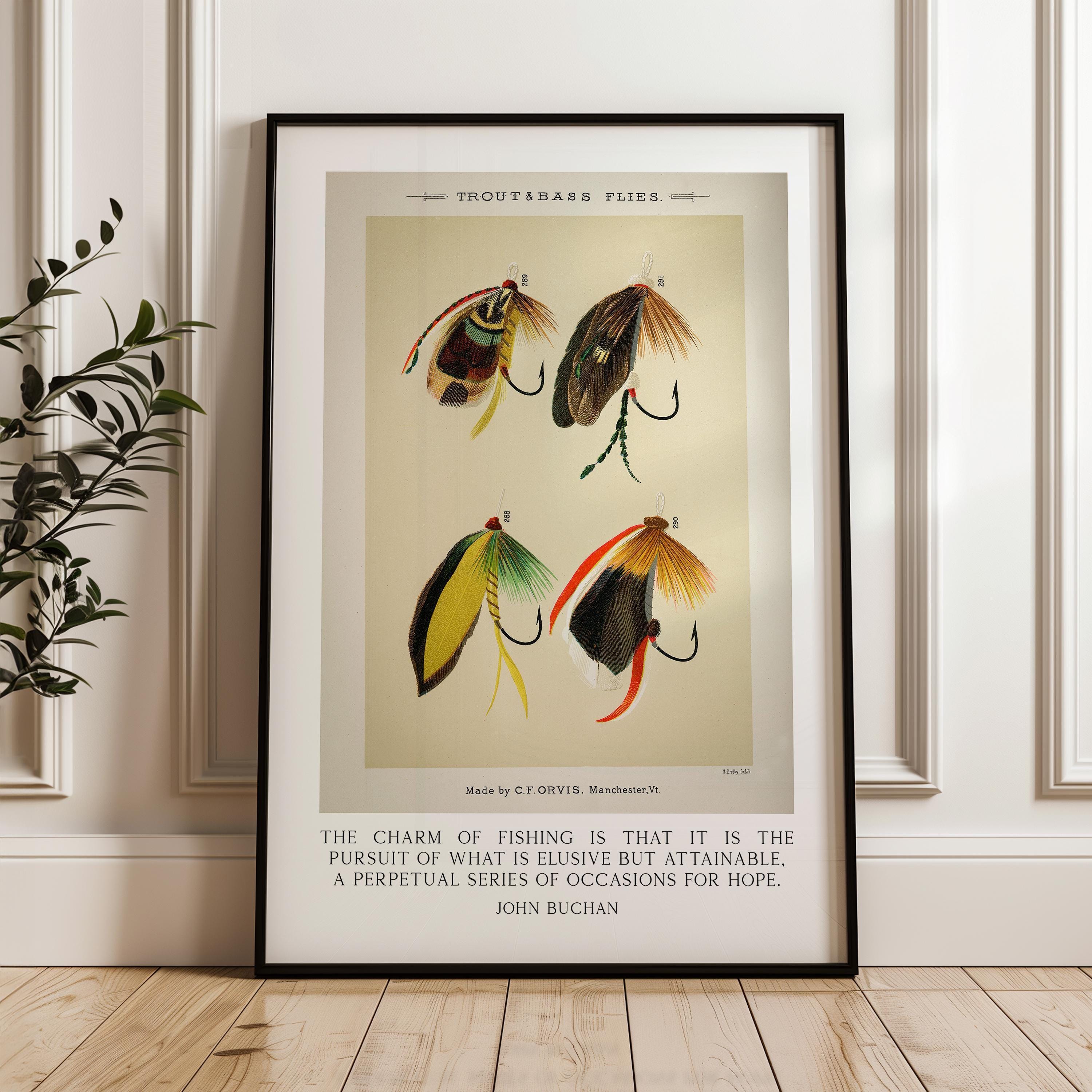 The charm of fishing is that it is the pursuit... John Buchan Quote featuring Trout & Bass Flies by Mary Orvis Marbury. Typography Art Print