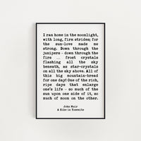 John Muir Quote I ran home in the moonlight, with long, firm strides; for the sun•love made me strong. Art Print - A Hike in Yosemite