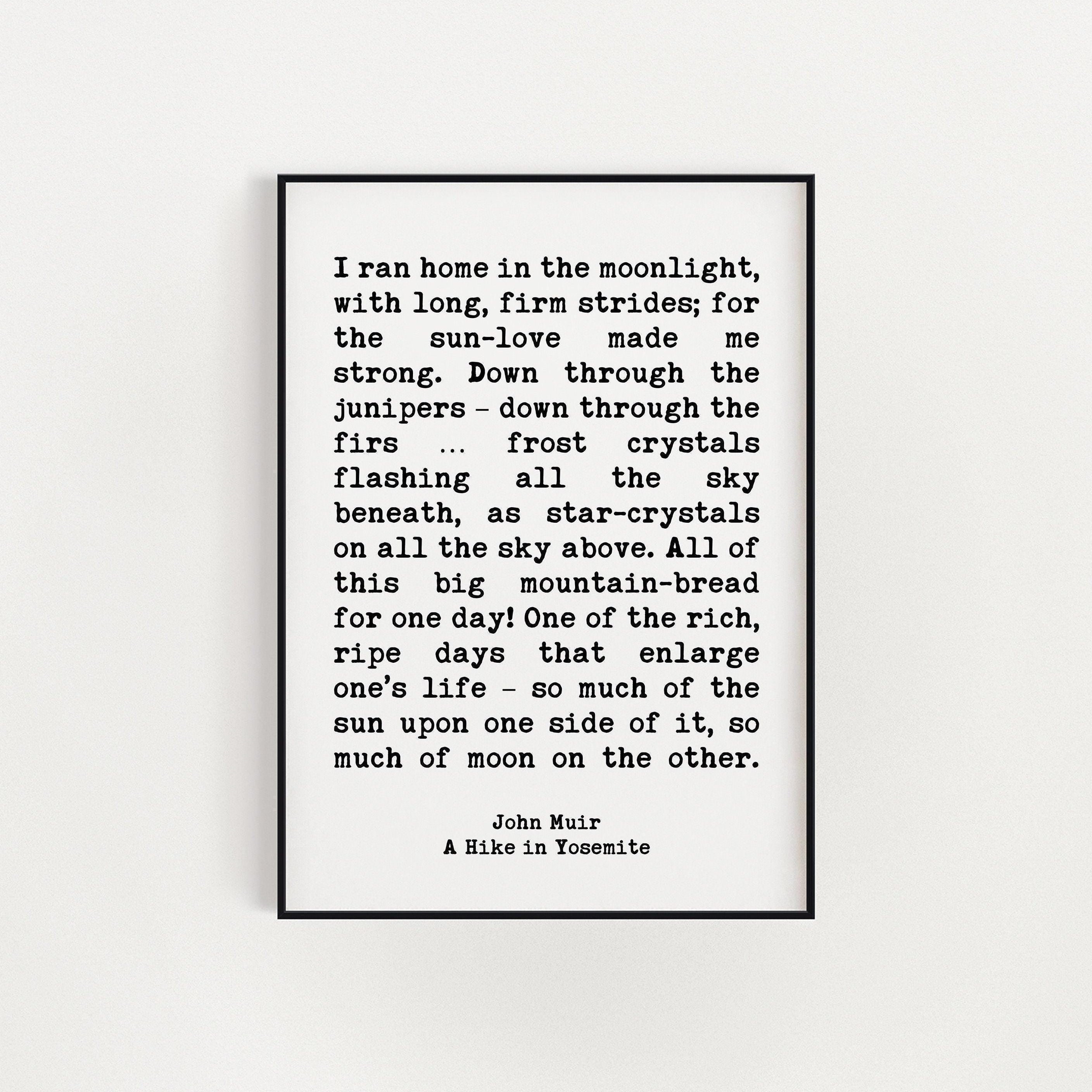 John Muir Quote I ran home in the moonlight, with long, firm strides; for the sun•love made me strong. Art Print - A Hike in Yosemite