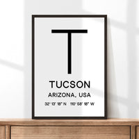 Tucson Arizona with GPS Coordinates Typography Minimalist Art Print
