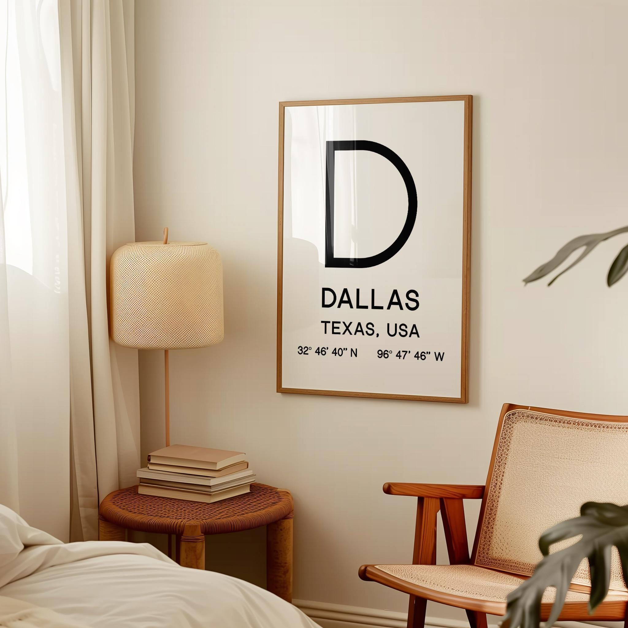 Dallas, Texas with GPS Coordinates Minimalist Art Print, Travel, Decor