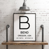 Bend Oregon with GPS Coordinates Typography Minimalist Art Print