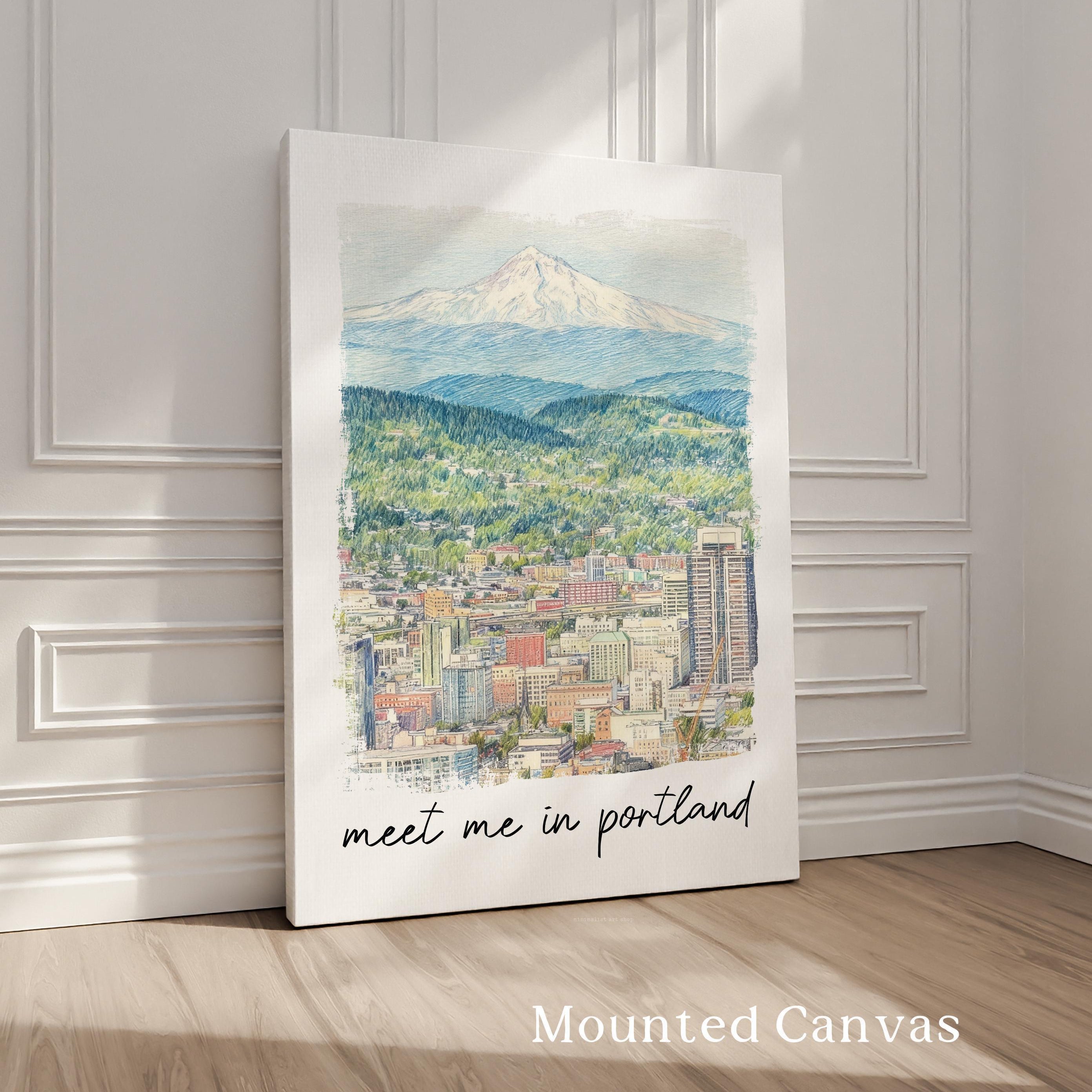 Meet Me in Portland Print, Portland Skyline Art with Mount Hood - Travel Wall Decor