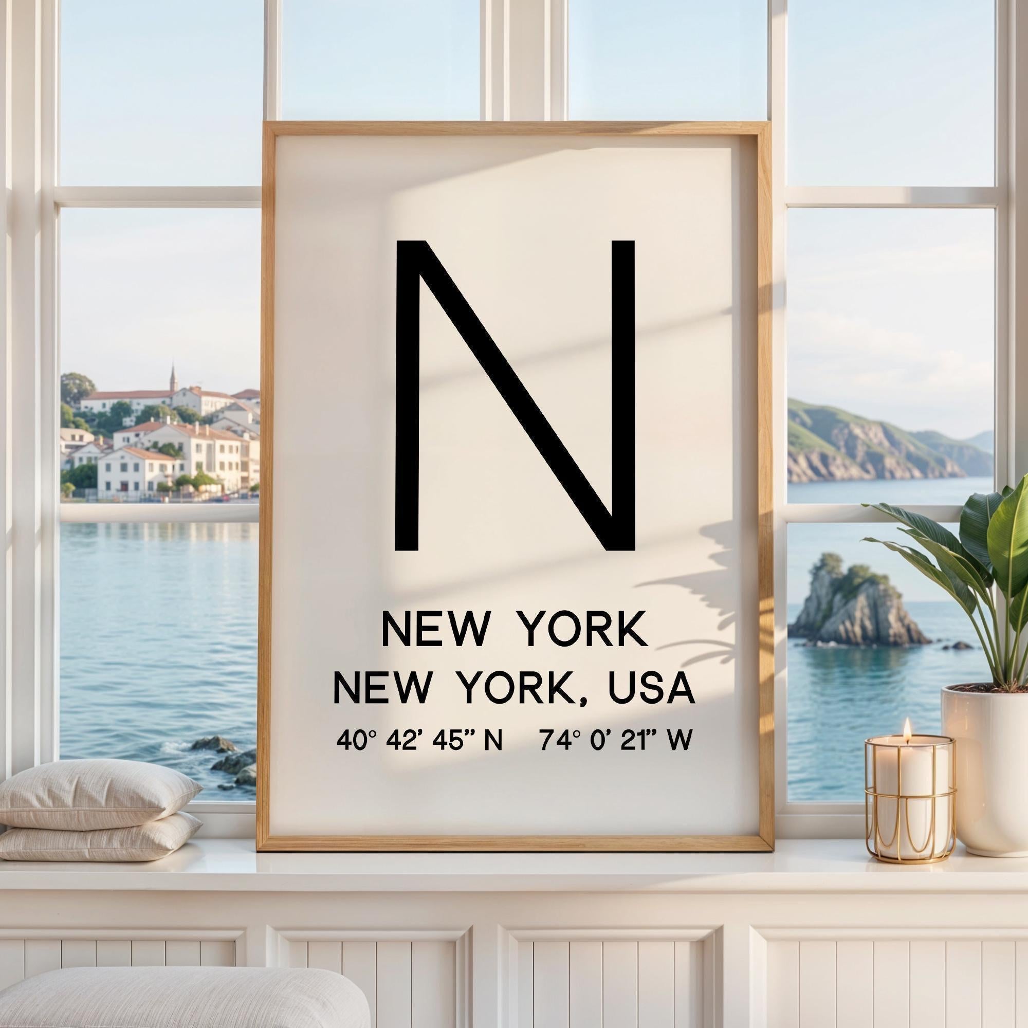 New York Typography Print, NYC Minimalist Wall Art, GPS Coordinates
