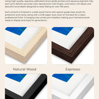 The image is a collage of four framed art prints, each with a different color and finish, including natural wood, espresso, black, and white.