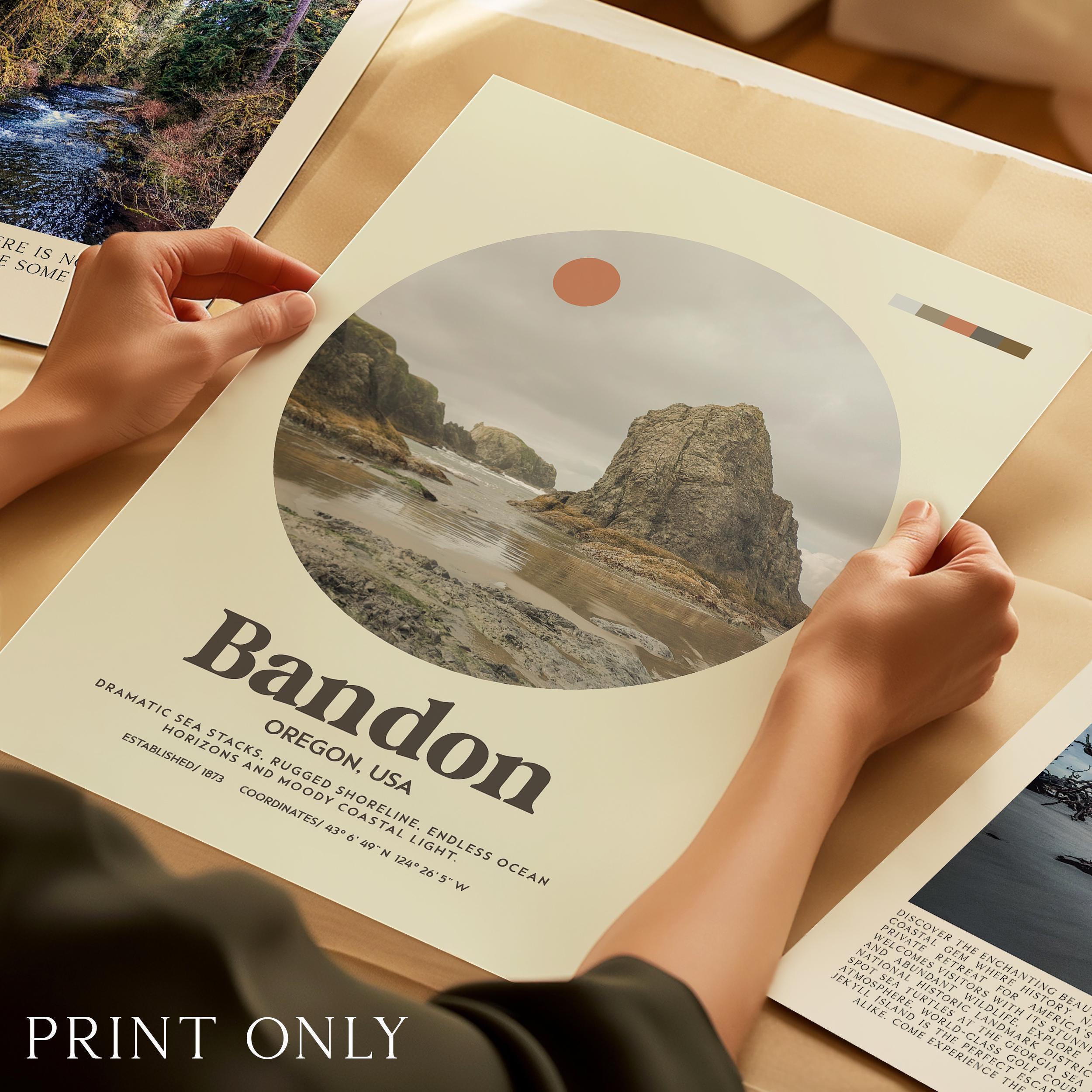 Bandon Oregon Mid Century Print, Oregon Coast Wall Art, Retro Travel Poster, PNW Decor