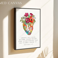 Proverbs 4:23 - Above all else, guard your heart, for everything you do flows from it. Typography Art Print with Heart Flowers