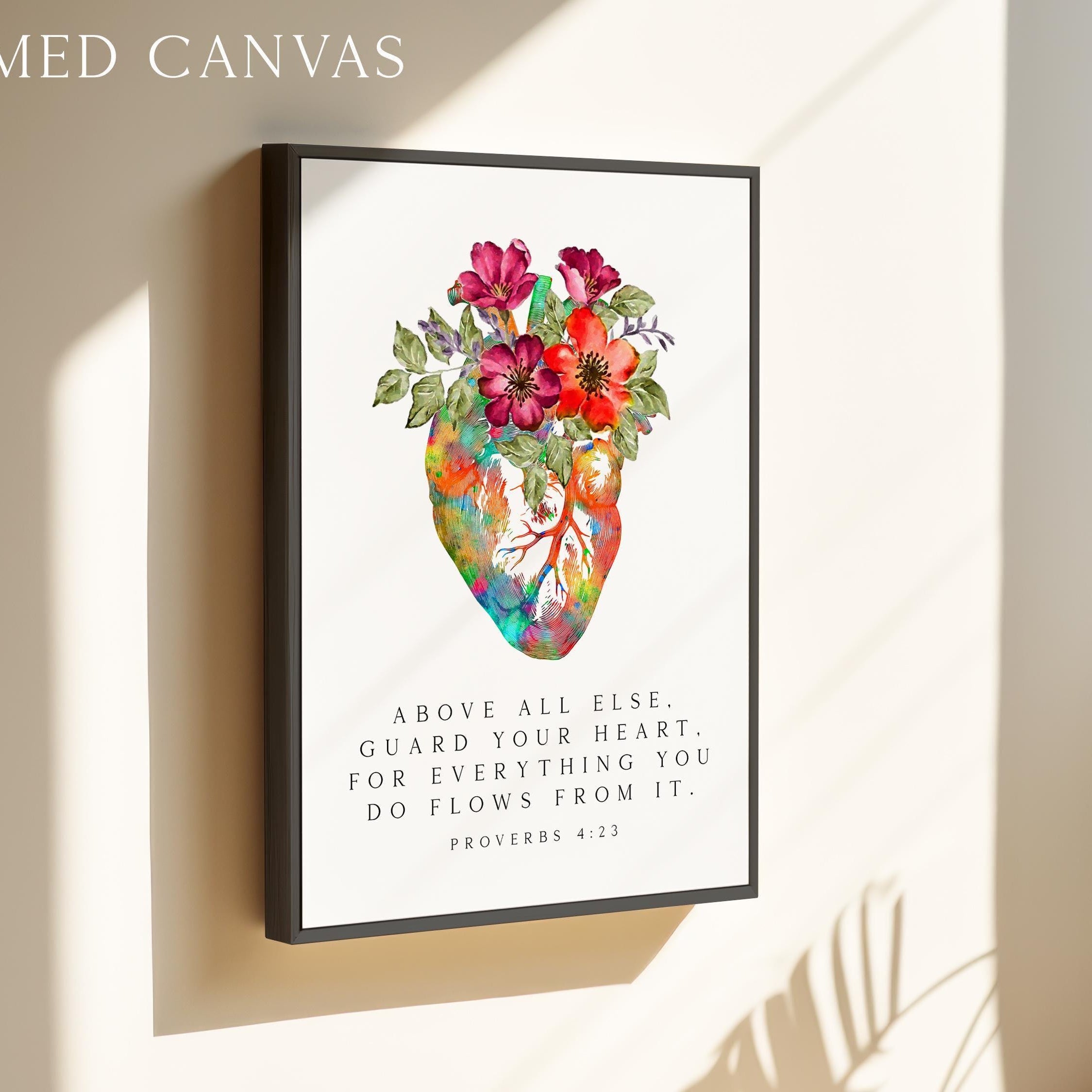 Proverbs 4:23 - Above all else, guard your heart, for everything you do flows from it. Typography Art Print with Heart Flowers