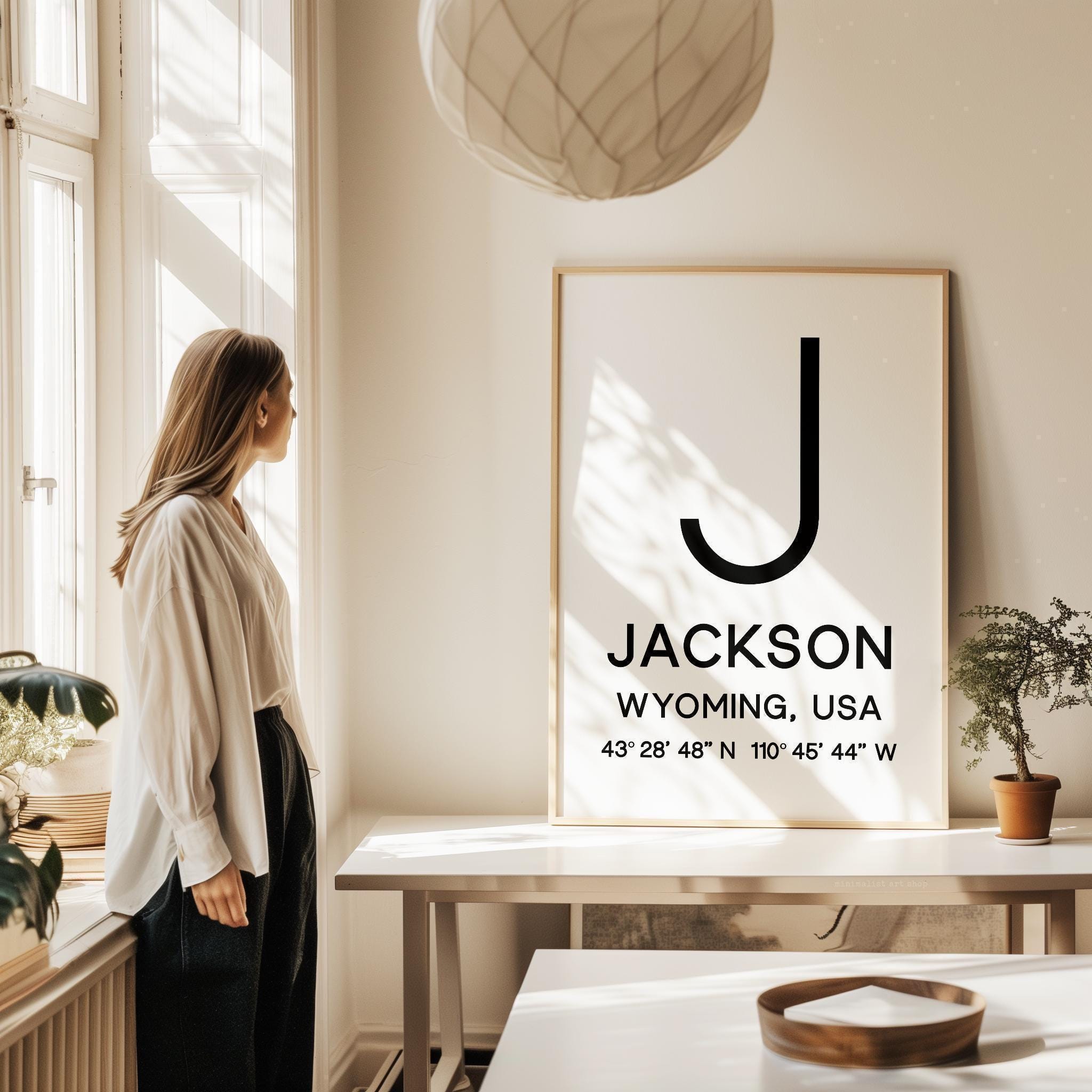 Jackson, Wyoming with GPS Coordinates Minimalist Typography Art Print, Tetons, Travel, Ski