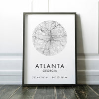 Atlanta, Georgia City Street Map, with GPS Art Print, Office - Home Decor - Restaurant - Apartment - Condo - Typography