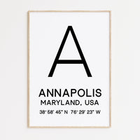 Annapolis, Maryland with GPS Coordinates Minimalist Art Print