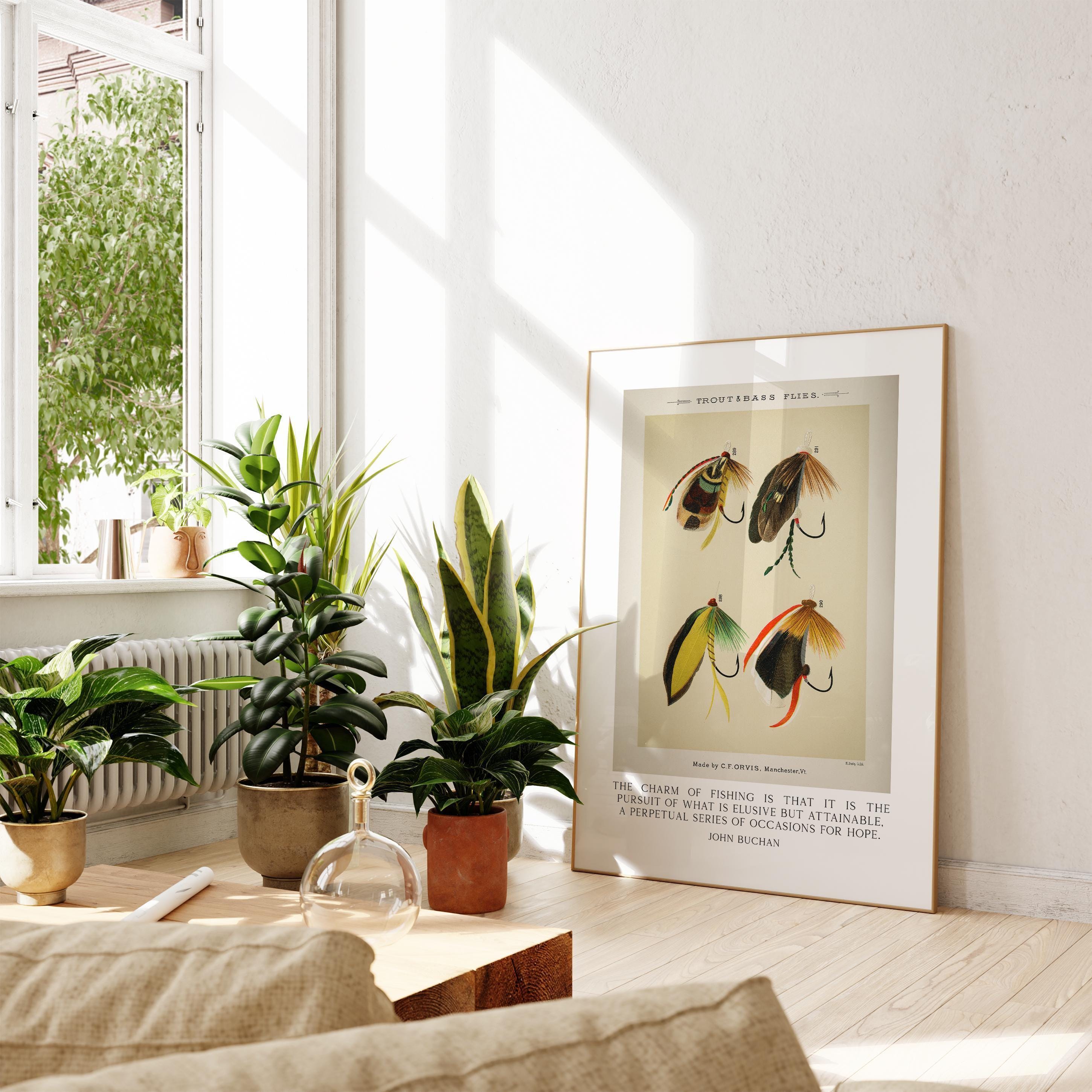 The charm of fishing is that it is the pursuit... John Buchan Quote featuring Trout & Bass Flies by Mary Orvis Marbury. Typography Art Print