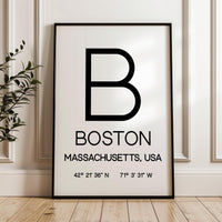 Boston Massachusetts Typography Print, Coordinates Wall Art, Modern Decor, Travel Gift