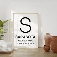 Sarasota, Florida with GPS Coordinates Minimalist Typography Art Print