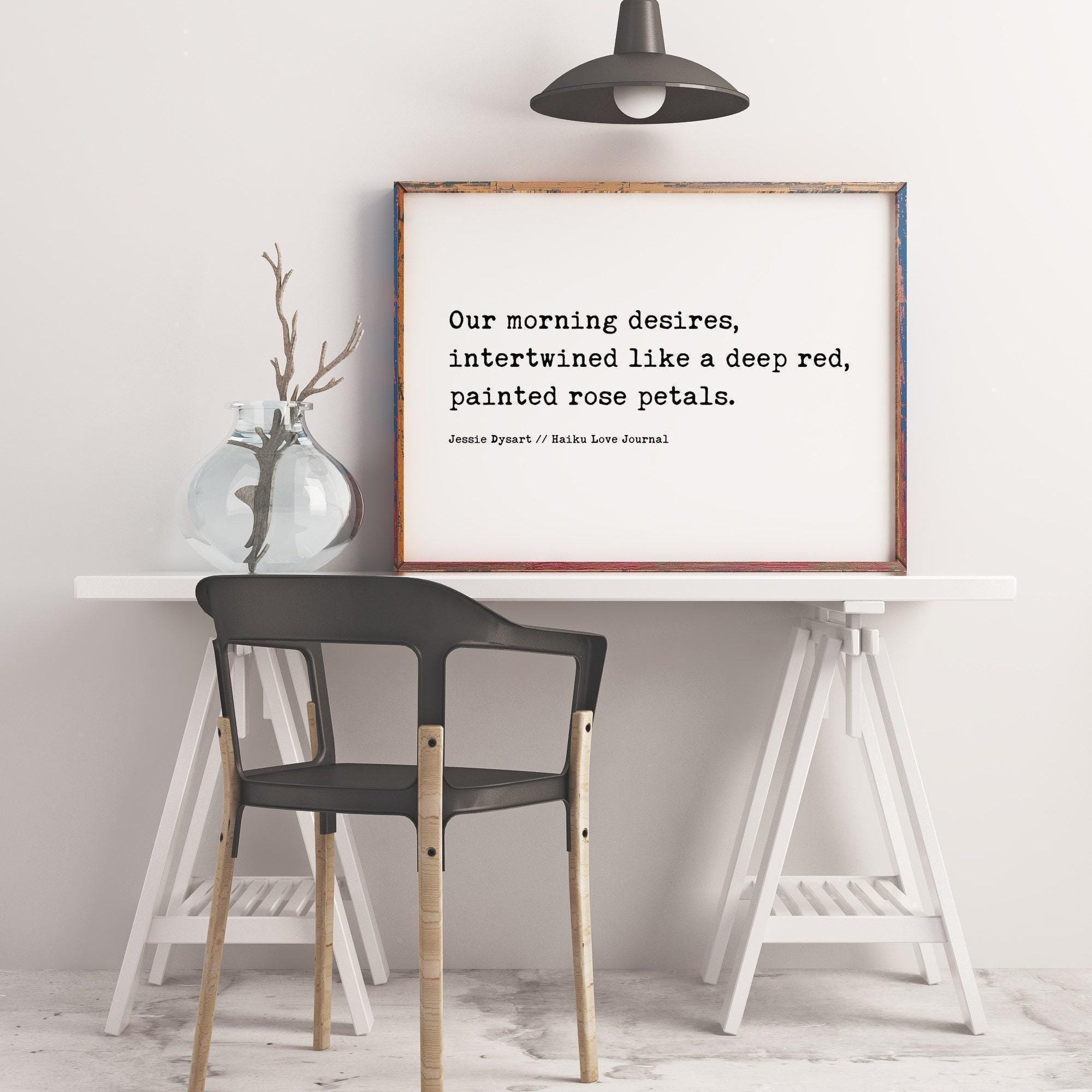 Our morning desires, intertwined like a deep red, painted rose petals. , Haiku Poem - Typography Art Print - Love - Anniversary