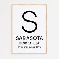 Sarasota, Florida with GPS Coordinates Minimalist Typography Art Print