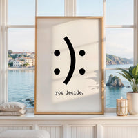 May include: A framed vertical wall art print featuring a cream-colored background with a black graphic design. The design consists of four black dots arranged in two vertical pairs with a large black curved line in the center and the text you decide.
